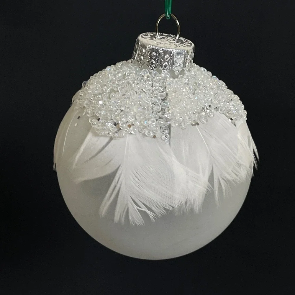 Crate & Barrel Christmas Ornaments White Frosted Glass Beaded Feather Set of 2